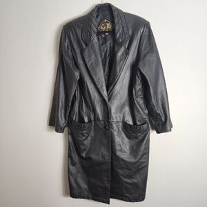 G-III Womens Vintage Black Leather Long Length Single Breasted Coat-Size S